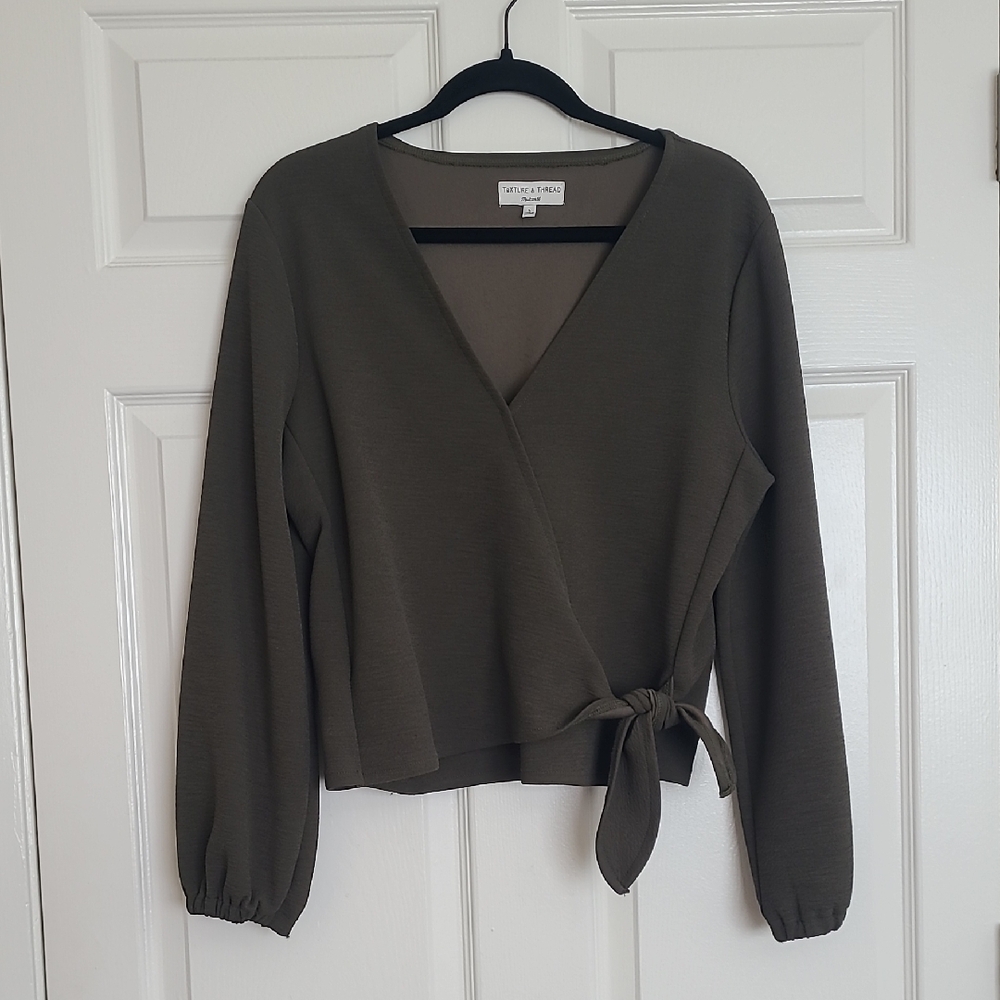 Texture & Tread Madewell Tie-Waist Olive Green Faux Wrap Top